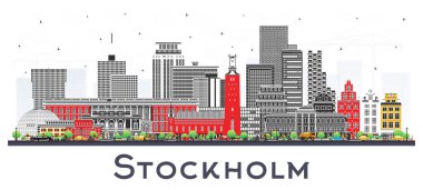 Stockholm şehrinin silueti beyaza boyanmış renkli binalarla dolu. Vektör çizimi. Stockholm şehir simgeleriyle dolu. Modern ve tarihi mimariyle seyahat ve turizm kavramı.