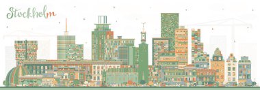 Stockholm şehrinin gökdelenleri renkli binalarla dolu. Vektör çizimi. Stockholm şehir simgeleriyle dolu. Modern ve tarihi mimariyle iş seyahati ve turizm kavramı.