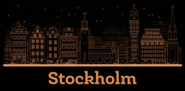 Stockholm City Skyline 'ı turuncu binalarla özetleyin. Vektör İllüstrasyonu. Tarihi Mimariyle İş Seyahati ve Turizm Konsepti. Stockholm Kent Simgeleriyle.