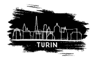 Torino İtalya 'nın Skyline silueti. El çizimi çizimi. Modern Mimariyle İş Seyahatleri ve Turizm Konsepti. Vektör İllüstrasyonu. Tarihi Simgeli Torino Şehri.