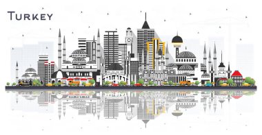 Turkey City Skyline Renk Binaları ve Beyaz 'a izole edilmiş yansımaları ile. Vektör İllüstrasyonu. Tarihi Mimariyle Turizm Konsepti. Tarihi Eserleri Olan Hindi Şehri. İzmir. Ankara mı? İstanbul. 