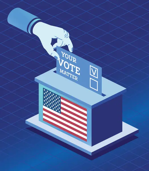 stock vector Voting Concept. Hand Puts Vote Bulletin into Vote Box with USA flag. Vector Illustration. Isometric Election Concept with Ballot Box. The ballot has the message: Your vote matters.