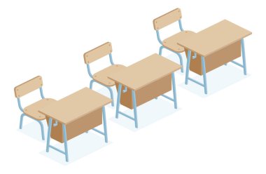 Isometric üç okul masası ve sandalye. Vektör çizimi. Beyaz arka planda izole edilmiş nesneler. Sınıf.