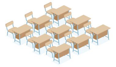 Isometric 9 okul masası ve sandalyeleri. Vektör çizimi. Beyaz arka planda izole edilmiş nesneler. Sınıf.