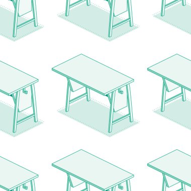 Isometric okul masaları. Kusursuz desen. Vektör çizimi. Beyaz arkaplanda izole edilmiş nesneler. Sınıf.
