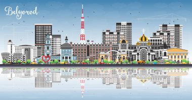 Belgorod Rusya şehri gökyüzü mavi renkli binalar ve yansımalarla gökyüzüne doğru yükseliyor. Vektör çizimi. Belgorod şehir simgeleriyle dolu. Modern ve tarihi mimariyle iş ve turizm kavramı.