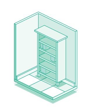 İzometrik kitaplık. Yeşil çizgileri olan bir taslak. Vektör illüstrasyonu.