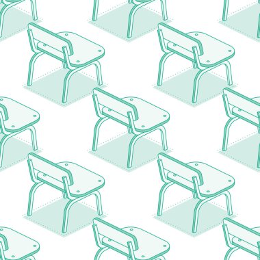 Isometric okul koltukları. Kusursuz desen. Vektör çizimi. Beyaz arkaplanda izole edilmiş nesneler. Sınıf.