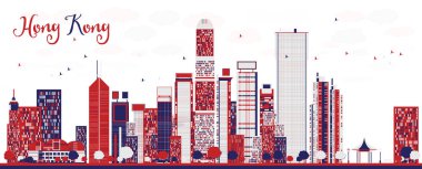Hong Kong Çin şehrinin gökdelenleri renkli binalarla kaplı. Vektör çizimi. Tarihi işaretli şehir manzarası.