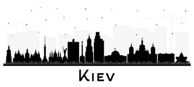 Kiev Ukrayna şehrinin silueti siyah binalar beyaz üzerine izole edilmiş. Vektör çizimi. Kent simgeleriyle Kyiv şehri. Tarihi mimariyle iş seyahati ve turizm kavramı.