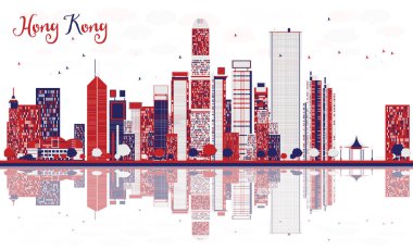 Hong Kong Çin şehrinin gökyüzü renkli binalar ve yansımalarla dolu. Vektör çizimi. Tarihi işaretli şehir manzarası.
