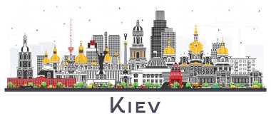 Kiev Ukrayna şehir silueti beyaz renkli binalar ile izole edilmiştir. Vektör çizimi. Kent simgeleriyle Kyiv şehri. Tarihi mimariyle iş seyahati ve turizm kavramı.