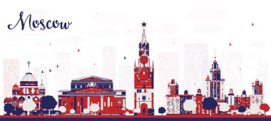 Moskova Rusya şehri renkli binalarla gökyüzüne yükseliyor. Vektör çizimi. Tarihi işaretli şehir manzarası.