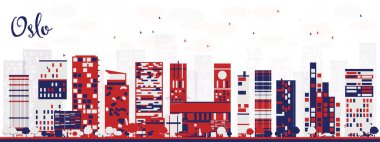Oslo Norveç 'in soyut gökdelenleri renkli binalarla kaplı. Vektör çizimi. Tarihi işaretli şehir manzarası.