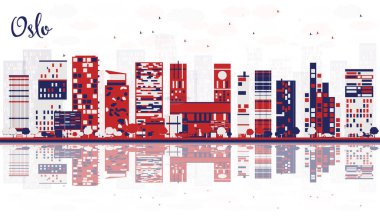Soyut Oslo Norveç şehri gökyüzü renkli binalar ve yansımalarla dolu. Vektör çizimi. Tarihi işaretli şehir manzarası.