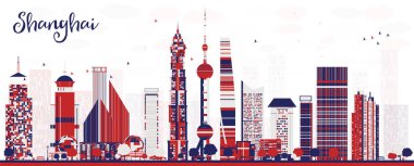 Renkli gökdelenleri olan Şangay Çin şehri gökdelenleri. Vektör çizimi. Tarihi işaretli şehir manzarası.