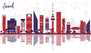 Seul Güney Kore şehir silueti renkli binalar ve yansımalarla dolu. Vektör çizimi. Tarihi işaretli şehir manzarası.