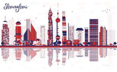 Renkli gökdelenler ve yansımalarla Şangay 'ın gökdelenleri yükseliyor. Vektör çizimi. Tarihi işaretli şehir manzarası.