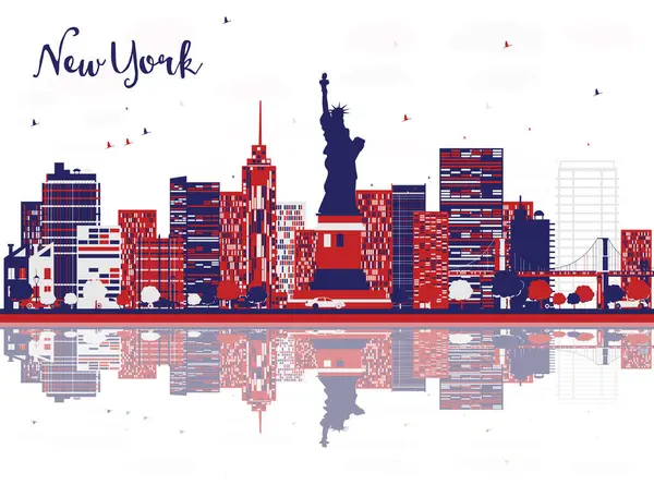 Renkli binalar ve yansımalarla New York şehrinin ufuk çizgisi. Vektör çizimi. Tarihi işaretli şehir manzarası.