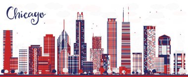 Soyut Chicago, renkli gökdelenleri olan ABD şehir silueti. Vektör çizimi. Tarihi işaretli şehir manzarası.