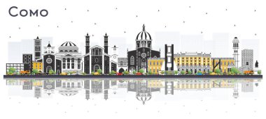 Como Italya City Skyline Renk Binaları ve Beyaz 'a izole edilmiş yansımaları ile. Vektör İllüstrasyonu. Tarihi Mimariyle İş Seyahati ve Kavram. Simgeli Como Şehir Manzarası.