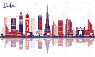Renkli gökdelenleri ve yansımaları olan soyut Dubai şehri silüeti. Vektör çizimi. Tarihi işaretli şehir manzarası.