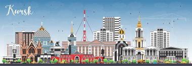 Kursk Rusya şehri mavi gökyüzü ve renkli binalar ile gökyüzü. Vektör çizimi. Şehir simgeleriyle Kursk şehri. Modern ve tarihi mimariyle iş seyahati ve turizm kavramı.