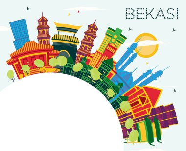 Renk binalar, mavi gökyüzü ve kopya alanı Bekasi Endonezya şehir manzarası. Vektör çizim. İş seyahat ve Turizm kavramı tarihi mimarisi ile. Bekasi Cityscape yerler ile.
