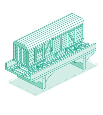 Köprüde Isometric yük vagonu var. Nesne beyaz arka planda izole edildi. Demiryolu. Vektör çizimi. Raylı vagon. Yük vagonu vagonu. Sanayi demiryolu taşımacılığı.