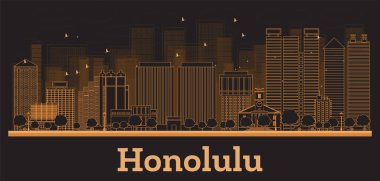 Ana hatlarıyla Honolulu Hawaii City Skyline ve turuncu binalar. Vektör İllüstrasyonu. Tarihi Mimariyle İş Seyahati ve Turizm Konsepti. Tarihi Simgeli Honolulu Şehir Manzarası. 