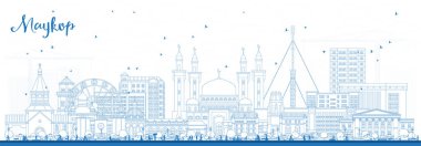Maykop Rusya 'nın ana hatları mavi binalarla çizilmiş. Vektör çizimi. Maykop şehir simgeleriyle dolu. Modern ve tarihi mimariyle iş seyahati ve turizm kavramı.