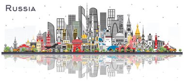 Rusya Şehri Skyline 'ı ve Beyaz Renkli Binalar. Vektör İllüstrasyonu. Tarihi Mimariyle Turizm Konsepti. Tarihi yerleri olan Rusya Şehri manzarası. Moskova. Aziz Petersburg. Yekaterinburg.