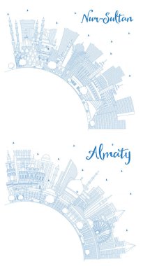 Almatı ve Nur-Sultan Kazakistan Şehri Skyline 'ı Mavi Binalar ve Kopya Uzayı ile ana hatlarıyla belirleyin. Şehir simgeleriyle dolu. Modern Mimariyle Turizm Konsepti.