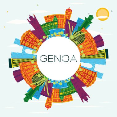 Cenova İtalya şehir manzarası renkli binalar, mavi gökyüzü ve kopya alanı. Vektör çizim. İş seyahat ve Turizm kavramı Modern mimariye sahip. Cenova Cityscape yerler ile.