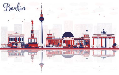 Renkli binalar ve yansımalarla soyut Berlin Almanya şehri Skyline. Vektör İllüstrasyonu. Tarihi Mimariyle İş Seyahati ve Turizm Konsepti. Tarihi işaretli şehir manzarası.