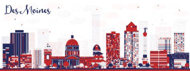 Soyut Des Moines ABD şehir silueti Renkli Binalar ile. Vektör İllüstrasyonu. Tarihi Mimariyle İş Seyahati ve Turizm Konsepti. Tarihi işaretli şehir manzarası.