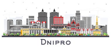 Dnipro city skyline with color buildings isolated on white. Vector illustration. Dnepropetrovsk cityscape with landmarks. Business travel and tourism concept with modern and historic architecture. clipart