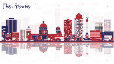 Soyut Des Moines ABD şehir silueti Renk Binaları ve yansımaları ile. Vektör İllüstrasyonu. Tarihi Mimariyle İş Seyahati ve Turizm Konsepti. Tarihi işaretli şehir manzarası.