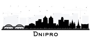 Dnipro city skyline silhouette with black buildings isolated on white. Vector illustration. Dnepropetrovsk cityscape with landmarks. Travel and tourism concept with modern and historic architecture. clipart