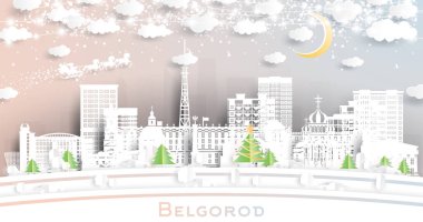 Belgorod Rusya. Kar taneleri, ay ve neon çelenklerle kağıt kesiği şeklinde ufuk çizgisi. Noel ve yeni yıl konsepti. Noel Baba kızakta. Belgorod şehir simgeleriyle.