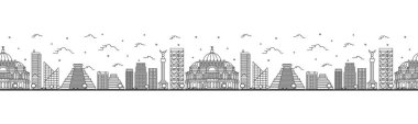 Beyaz üzerine izole edilmiş tarihi binalarla Mexico City Skyline 'ın ana hatlarıyla kusursuz bir model. Vektör İllüstrasyonu. Meksiko Şehir Manzarası. 