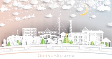 Gorno-Altaysk Rusya. Kar taneleri, ay ve neon çelenklerle kağıt kesiği şeklinde ufuk çizgisi. Noel ve yeni yıl konsepti. Noel Baba kızakta. Gorno-Altaysk şehir manzarası.