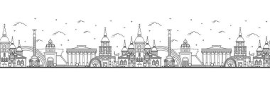 Beyaz üzerine izole edilmiş tarihi binalarla Kiev Ukrayna City Skyline hatlarıyla kusursuz bir model. Vektör çizimi. Tarihi Simgeli Kiev Şehir Manzarası.