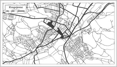 Kragujevac Sırbistan Şehir Haritası Retro Style Siyah ve Beyaz Renkli. Taslak Harita. Vektör İllüstrasyonu.