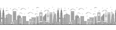 Outline Kuala Lumpur ile kusursuz desen Malezya Şehri Skyline ve Modern Binalar beyaza izole edilmiş. Vektör İllüstrasyonu. Simgeli Kuala Lumpur Şehir Manzarası.