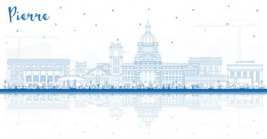 Mavi Binalar ve yansımalarla Pierre South Dakota City Skyline ana hatlarını çiz. Vektör İllüstrasyonu. Pierre USA Şehir Manzarası ve Tarihi Eserleri. Modern Mimariyle İş Seyahati ve Turizm Konsepti.