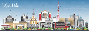 Ulan-Ude Rusya şehri mavi gökyüzü ve renkli binalar ile gökyüzü. Vektör çizimi. Tarihi işaretli Ulan-Ude şehir manzarası. Modern ve tarihi mimariyle iş seyahati ve turizm kavramı.