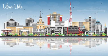 Ulan-Ude Rusya şehri gökyüzü mavi renkli binalar ve yansımalarla gökyüzüne yükseliyor. Vektör çizimi. Tarihi işaretli Ulan-Ude şehir manzarası. Modern ve tarihi mimariyle seyahat ve turizm kavramı.