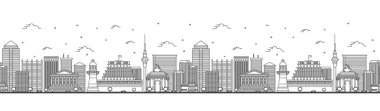 Outline Wellington Yeni Zelanda City Skyline ile kusursuz bir düzen. Modern ve tarihi binalar beyaza izole edilmiş. Vektör çizimi. Tarihi Simgeli Wellington Şehir Manzarası.