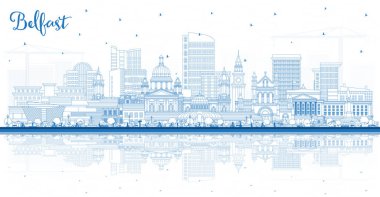 Belfast Kuzey İrlanda şehir silueti. Mavi binalar ve yansımalarla birlikte. Vektör İllüstrasyonu. Belfast Şehri 'nin simgeleriyle. Tarihi Mimariyle Seyahat ve Turizm Konsepti.